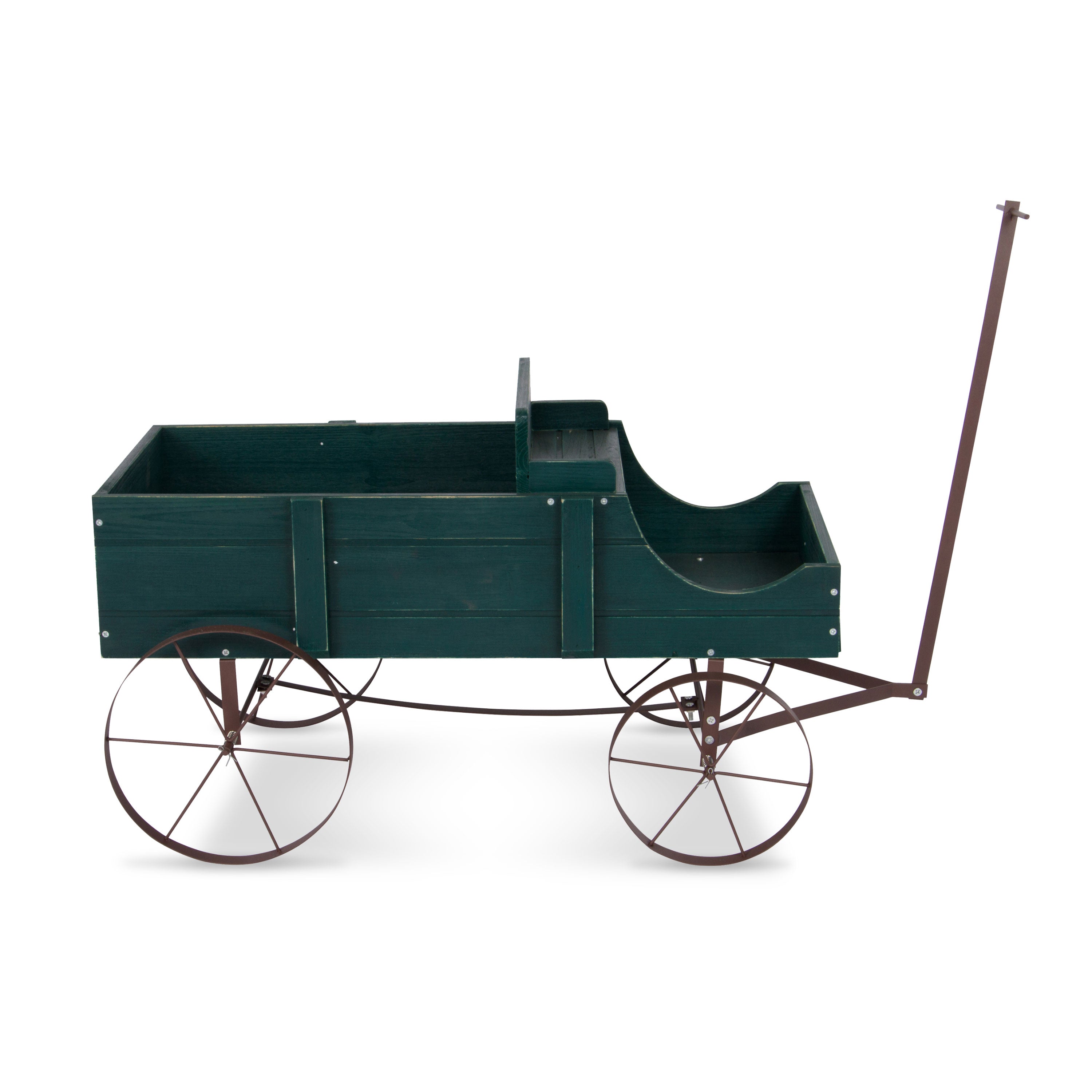 A dark green wooden garden cart with a long brown metal handle and four spoked wheels, shown from a side profile on a white background.  