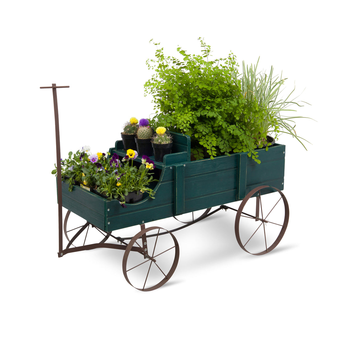 A dark green wooden planter wagon with a metal frame and four wheels, filled with green plants and small potted flowers, shown on a white background.  