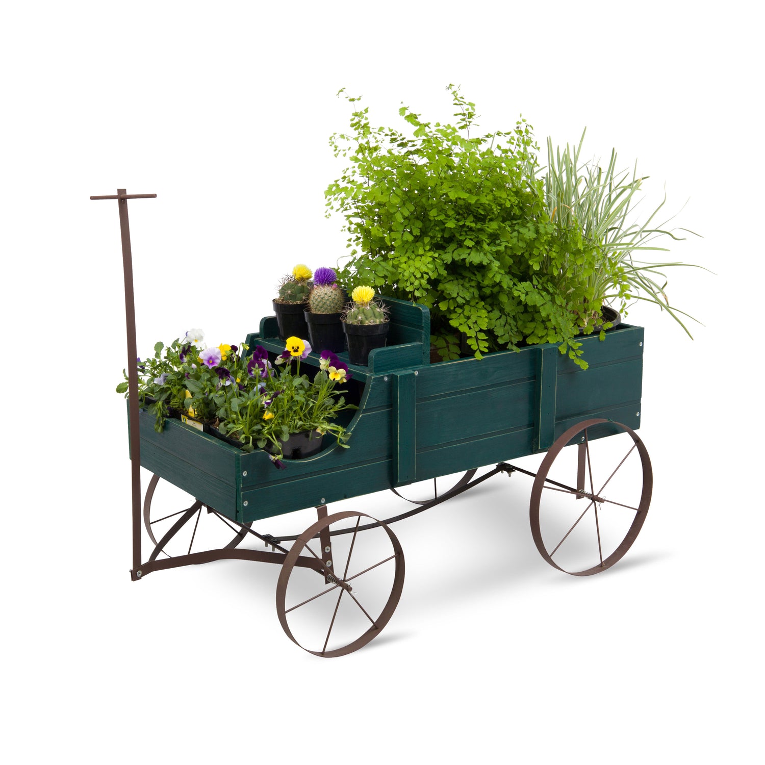 A dark green wooden planter wagon with a metal frame and four wheels, filled with green plants and small potted flowers, shown on a white background.  