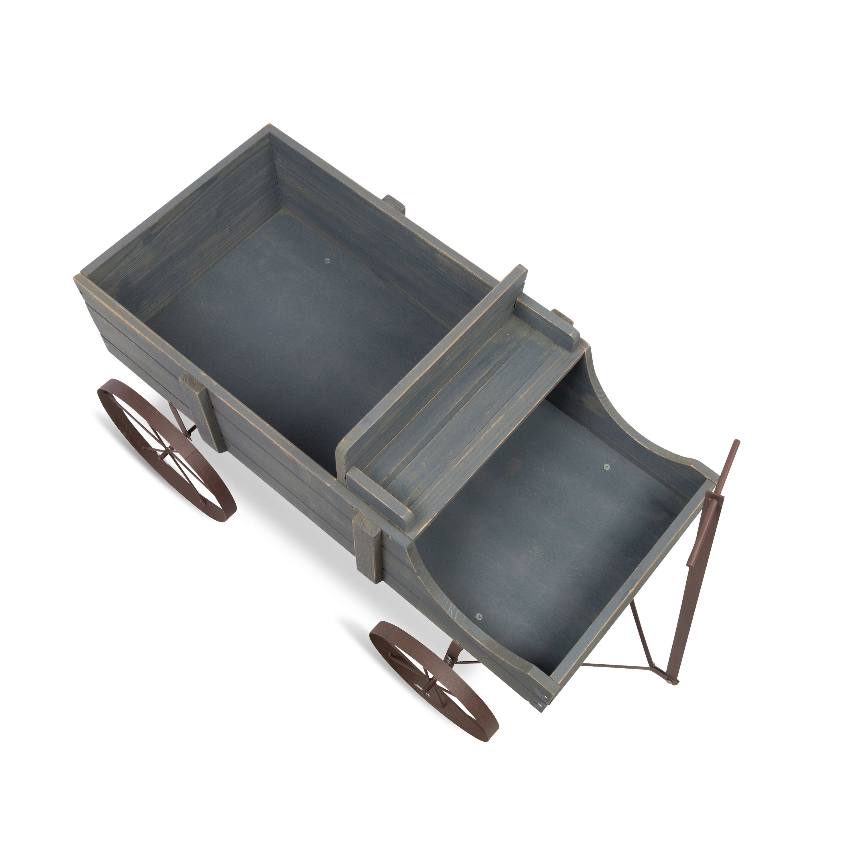 A rustic wooden storage cart with a weathered gray-brown finish and dark brown metal wheels, shown from an elevated angle on a white background. 