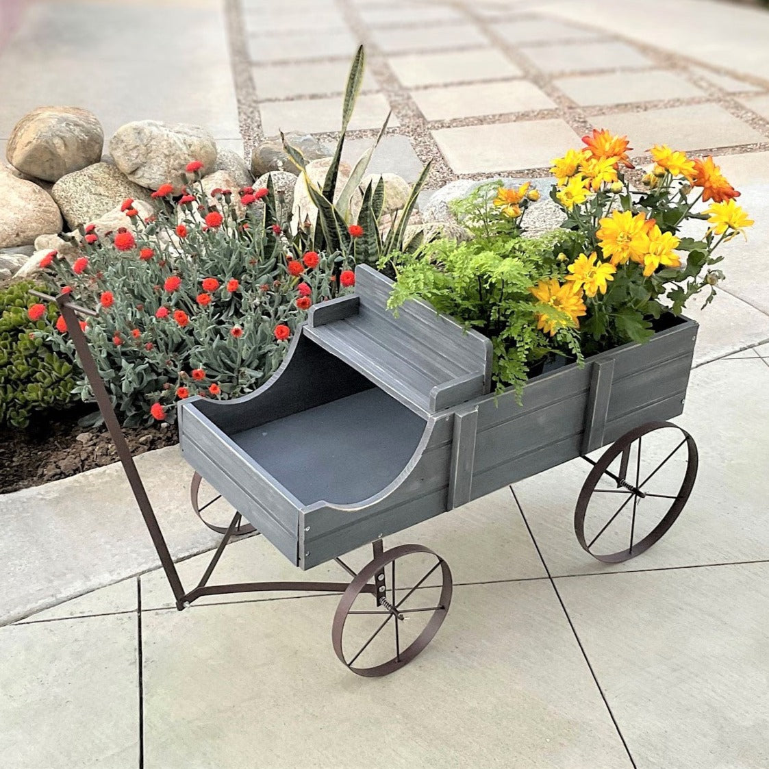 Decorative Buckboard Wagon Garden Planter, Large, Gray