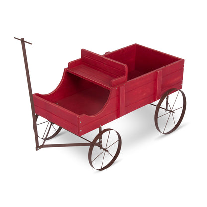 A red wooden toy wagon with a brown metal frame and wheels, shown on a plain white background. 