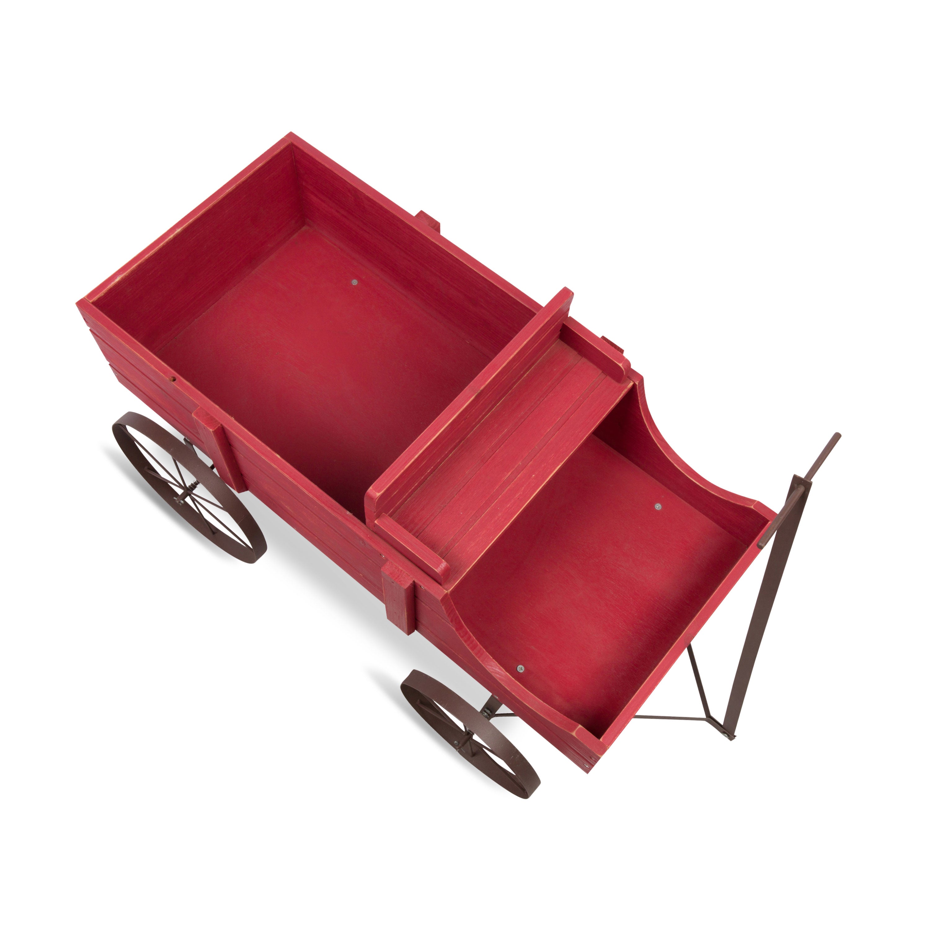 A red wooden storage cart with two dark brown wheels and a metal handle, shown from an elevated angle on a white background. 