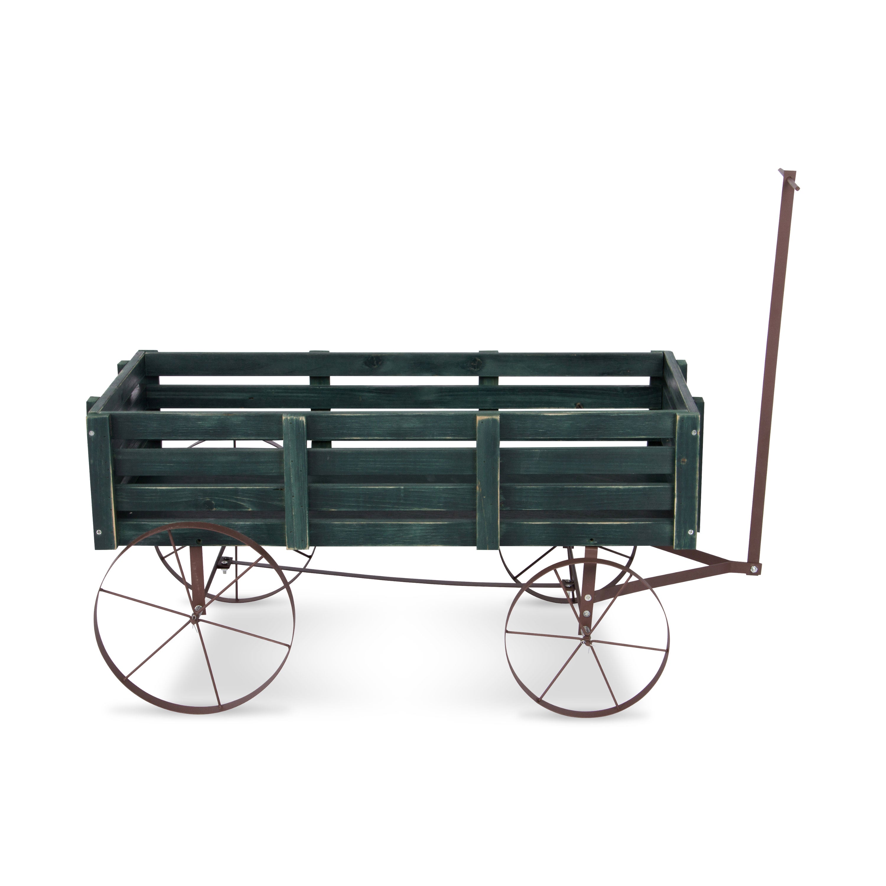 A rustic wooden wagon planter or decorative cart with a dark green painted wood body, weathered brown metal frame, and large spoked wheels, shown on a plain white background. 