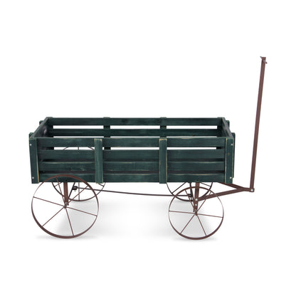 A rustic wooden wagon planter or decorative cart with a dark green painted wood body, weathered brown metal frame, and large spoked wheels, shown on a plain white background. 