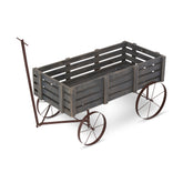 Wooden gray wagon with metal wheels on a white background  