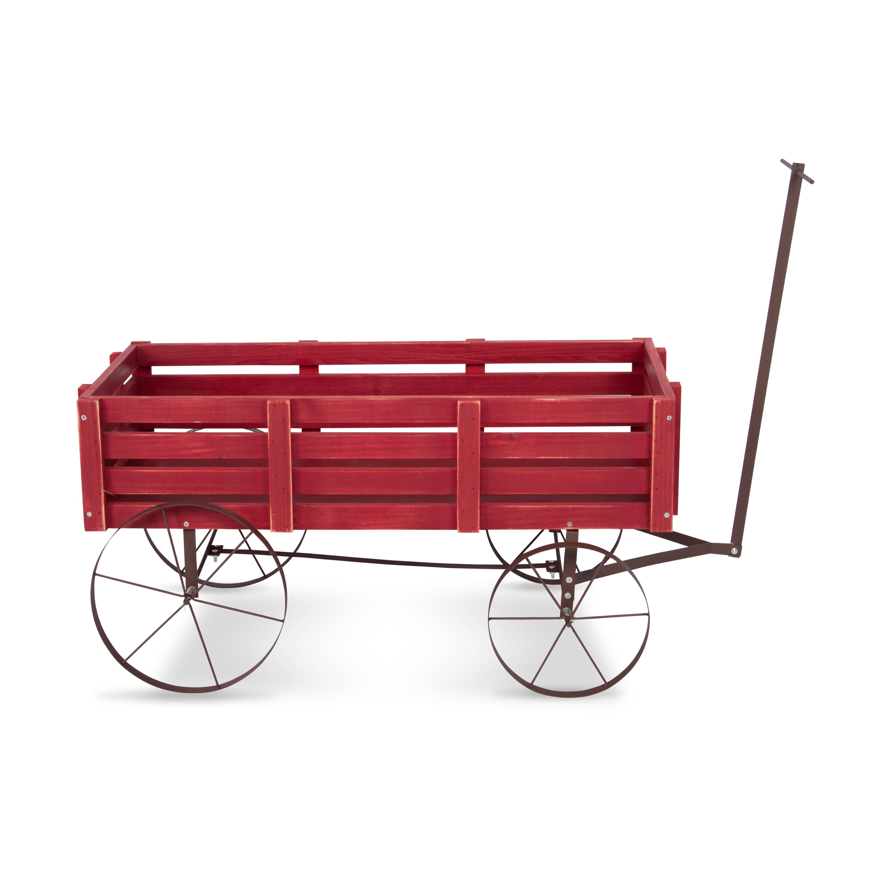 A red wooden wagon with a dark metal frame, four spoked wheels, and a tall handle, shown from the side on a white background. 
