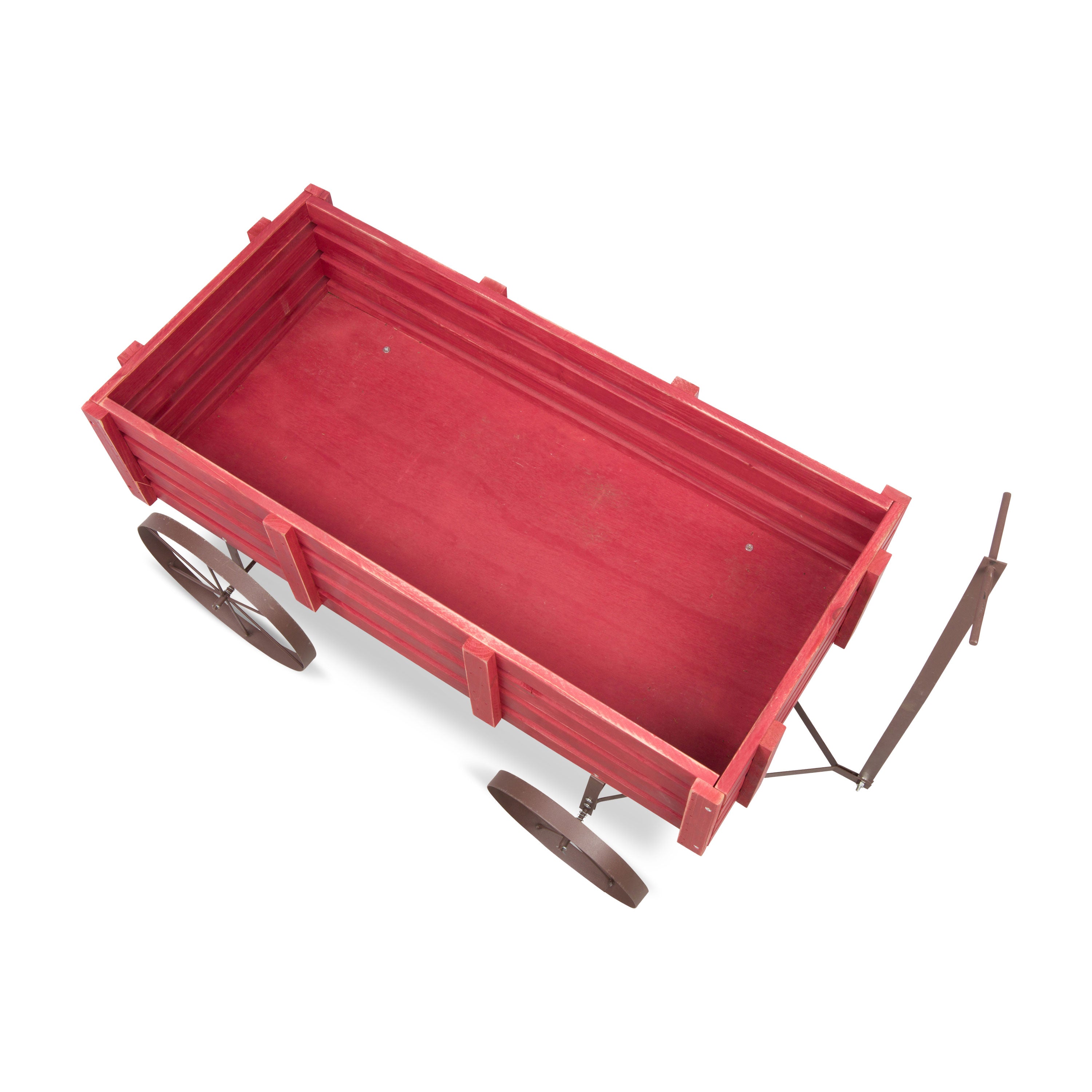 A red wooden wagon with dark brown wheels and a pull handle, shown from an elevated angle on a white background. 