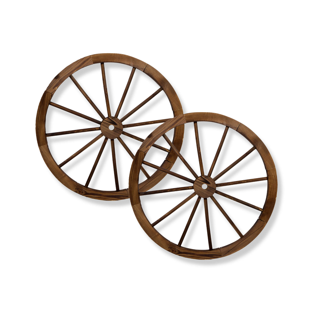 Two rustic brown wooden wagon wheels with multiple thin spokes, shown overlapping on a clean white background. 
