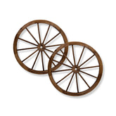 Two rustic brown wooden wagon wheels with multiple thin spokes, shown overlapping on a clean white background. 