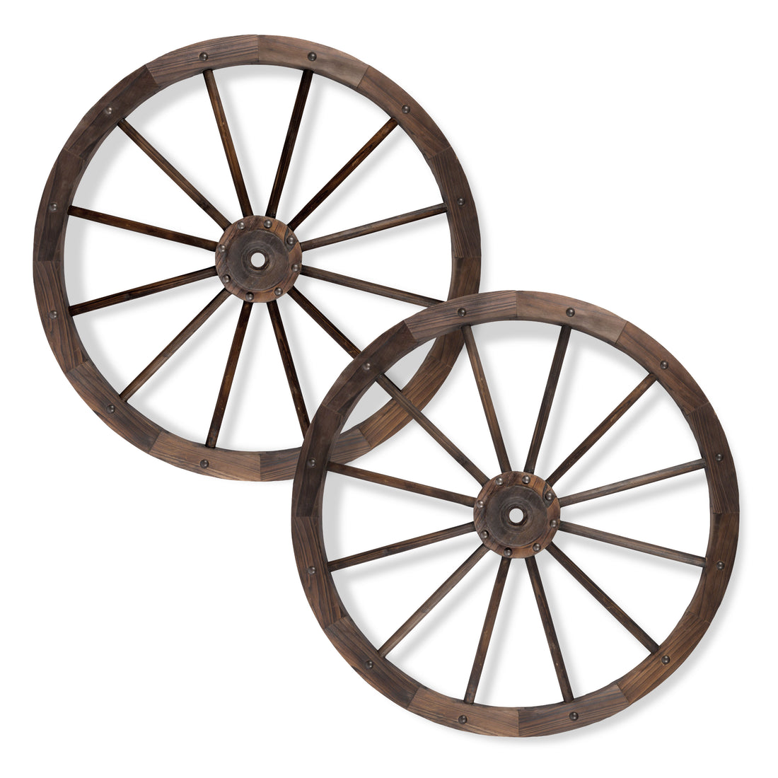 Two rustic wooden wagon wheels with dark brown spokes and rims, shown overlapping on a plain white background. 