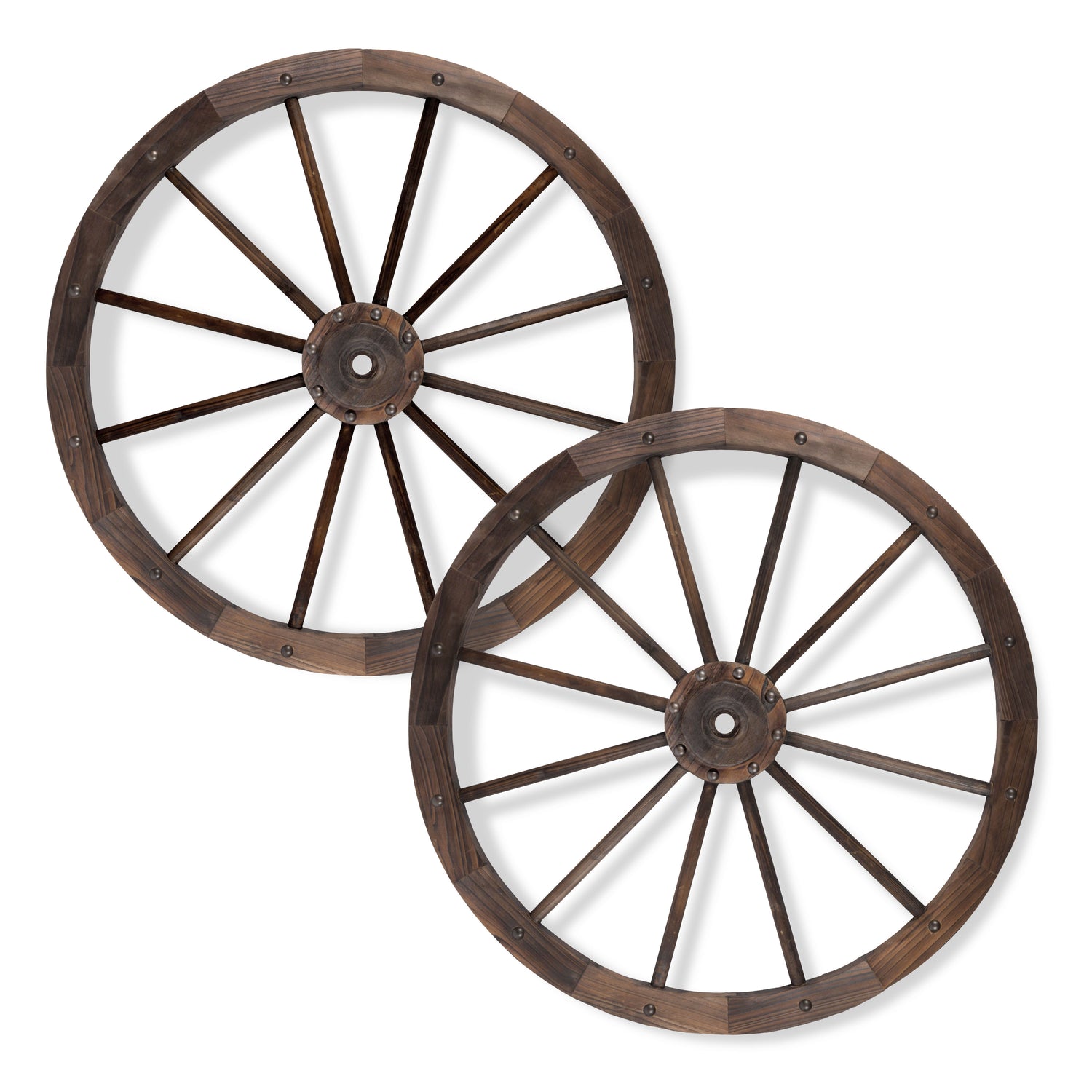 Two rustic wooden wagon wheels with dark brown spokes and rims, shown overlapping on a plain white background. 