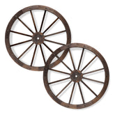 Two rustic wooden wagon wheels with dark brown spokes and rims, shown overlapping on a plain white background. 
