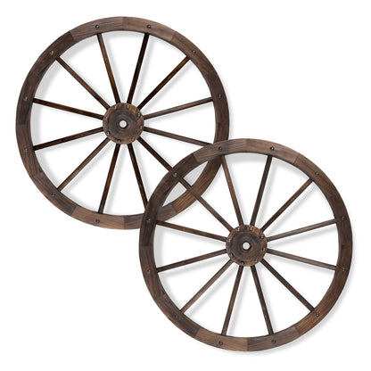 Two rustic wooden wagon wheels with dark brown spokes and rims, shown overlapping on a plain white background. 