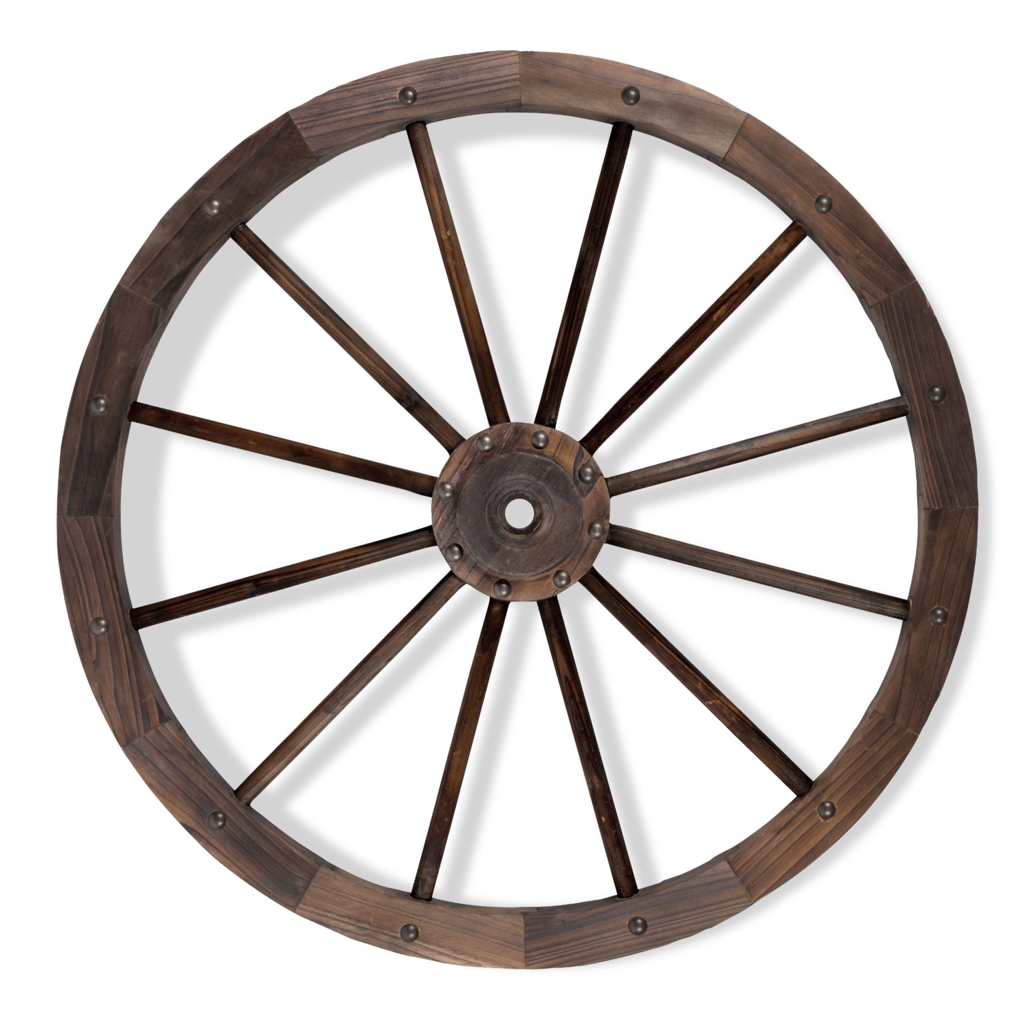 A rustic dark brown wooden wagon wheel with multiple spokes and a central hub, shown against a plain white background. 