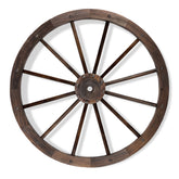 A rustic dark brown wooden wagon wheel with multiple spokes and a central hub, shown against a plain white background. 