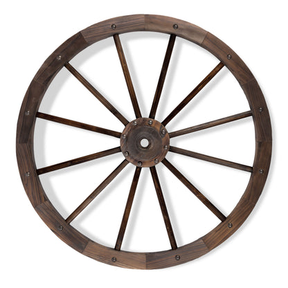 A rustic dark brown wooden wagon wheel with multiple spokes and a central hub, shown against a plain white background. 