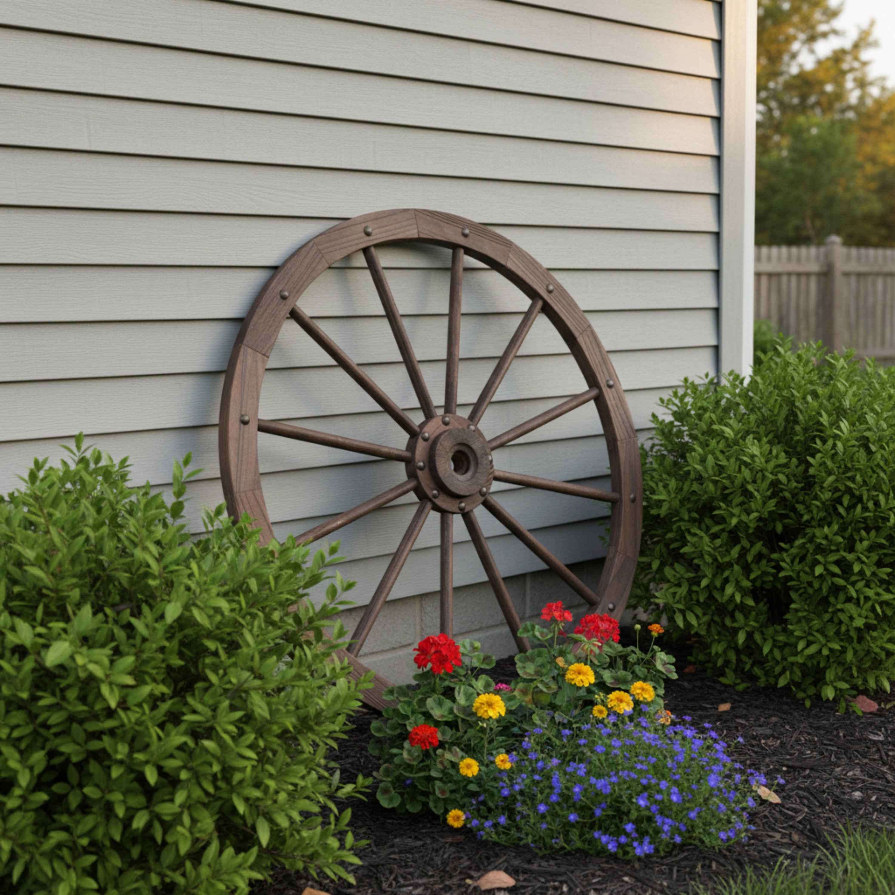 A large rustic brown wooden wagon wheel wall decor piece leaning against a light gray house siding, flanked by green shrubs and a small garden bed with red, yellow, and purple flowers. 