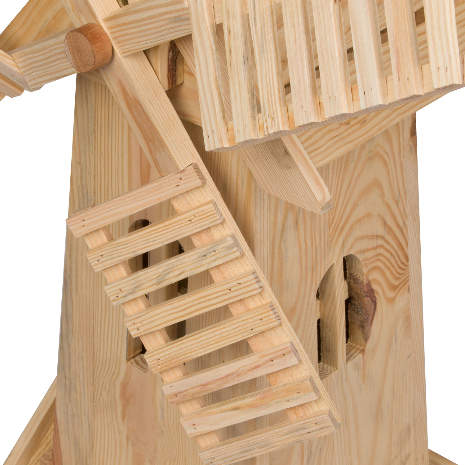 Close-up of a natural wood playhouse or treehouse structure with wooden stairs, slatted railings, and a post, shown against a white background. 