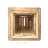 An underside view of a wooden windmill bottom structure, showing the interior frame and slats, with a caption underneath reading &