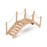 A small wooden climbing bridge with silver metal chain railings, shown on a clean white background. 