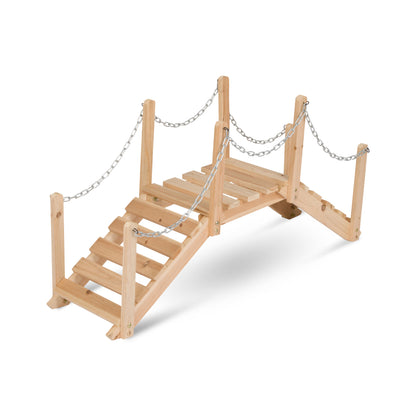 A small wooden climbing bridge with silver metal chain railings, shown on a clean white background. 
