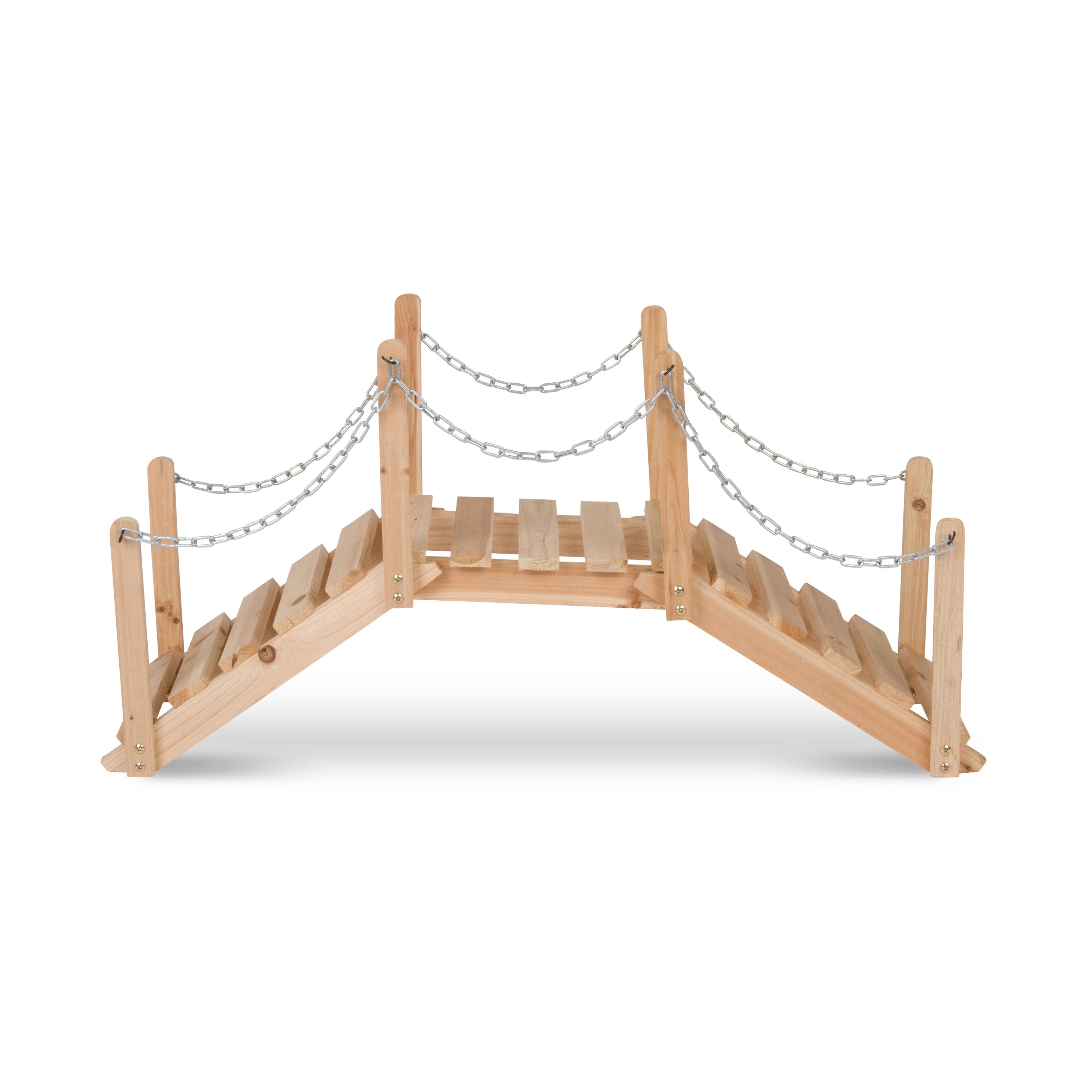 A small wooden climbing bridge with silver metal chain railings, shown on a clean white background. 