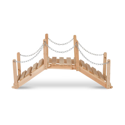 A small wooden climbing bridge with silver metal chain railings, shown on a clean white background. 