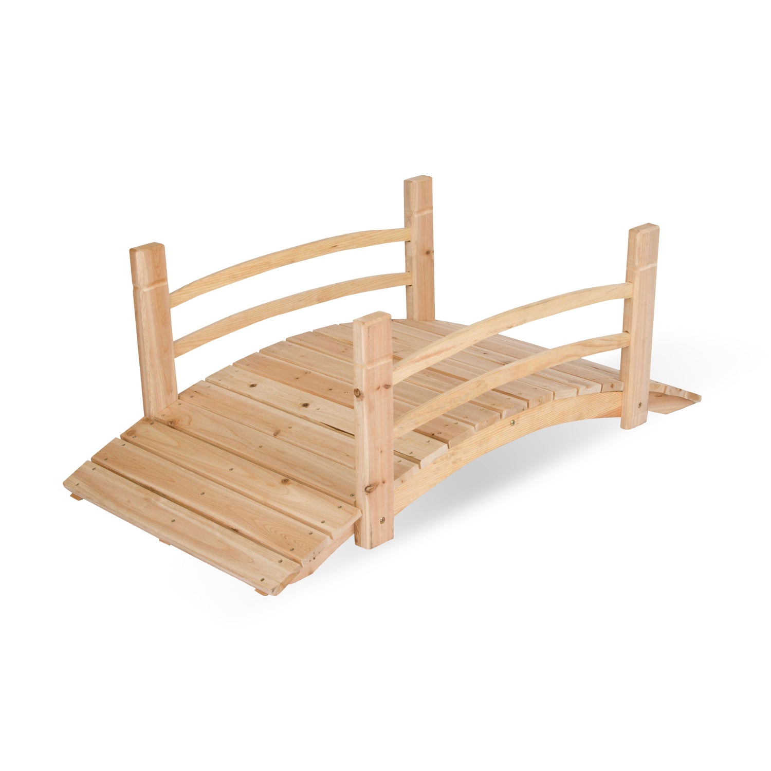 A small 4ft arched wooden bridge with a ramp on one side and curved railings on both sides, shown on a clean white background. 