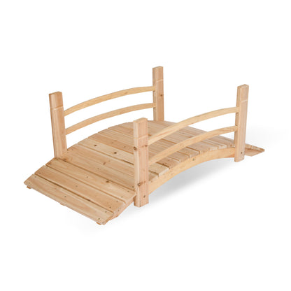 A small 4ft arched wooden bridge with a ramp on one side and curved railings on both sides, shown on a clean white background. 