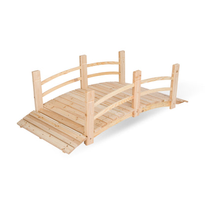 A small 5ft  wood garden bridge with curved railings and a ramp on a plain white background. 