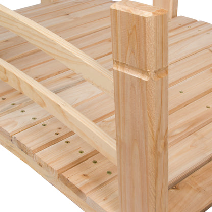 Close-up of a light natural wood furniture piece showing the slatted seat or shelf, wooden slats, and a post with a carved joint detail on a white background. 