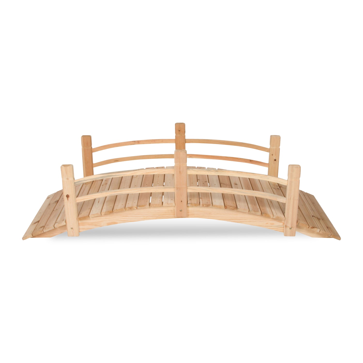 A 6ft long arched wooden garden bridge with a slatted deck and simple railings, shown on a plain white background. 