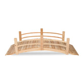 A 6ft long arched wooden garden bridge with a slatted deck and simple railings, shown on a plain white background. 