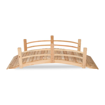 A 6ft long arched wooden garden bridge with a slatted deck and simple railings, shown on a plain white background. 