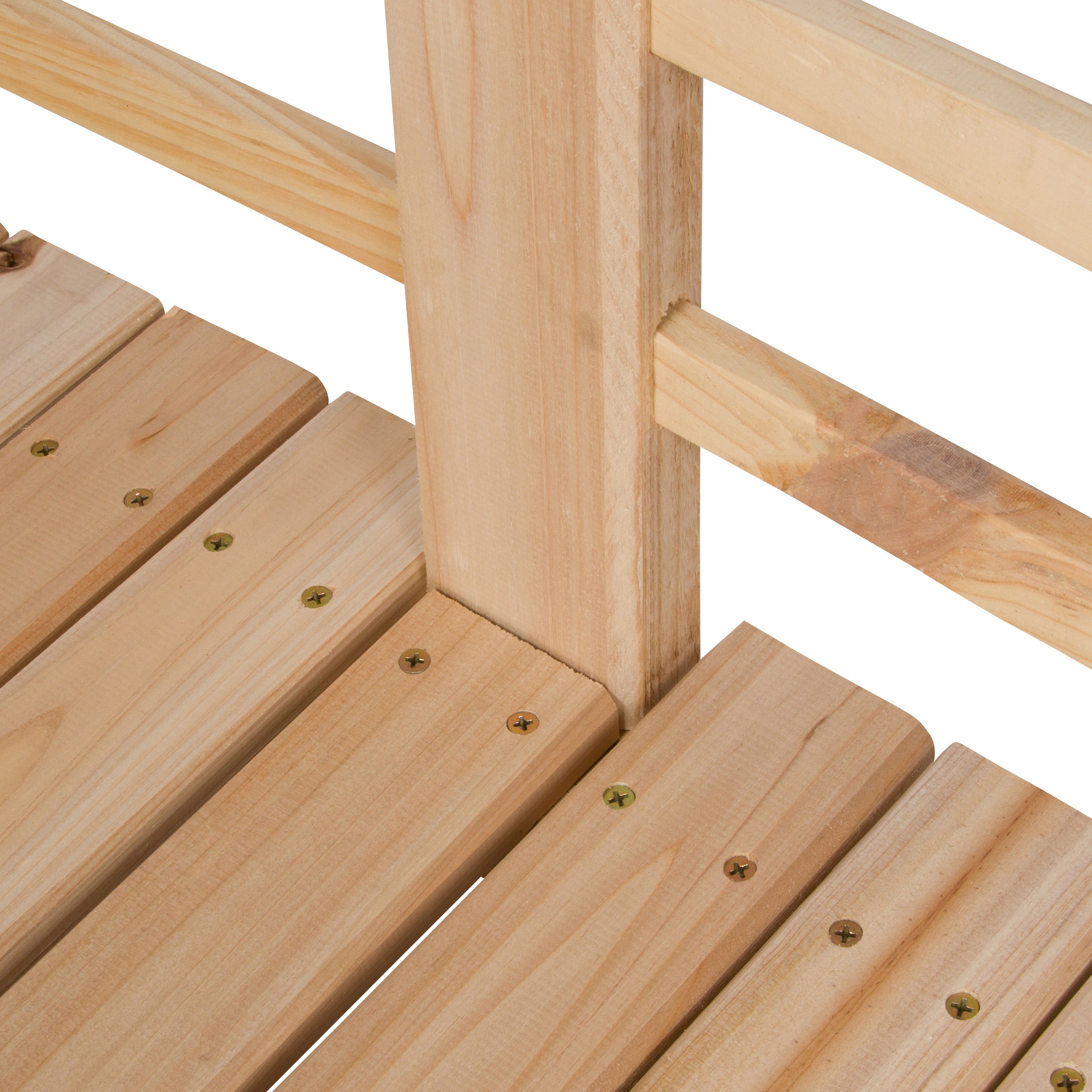 Close-up of a wooden deck with visible screws on a white background 