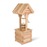 A small wooden well-shaped planter or decorative box with a slatted front, raised sides, and a gabled roof structure on a plain white background. 