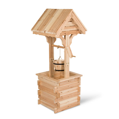 A small wooden well-shaped planter or decorative box with a slatted front, raised sides, and a gabled roof structure on a plain white background. 