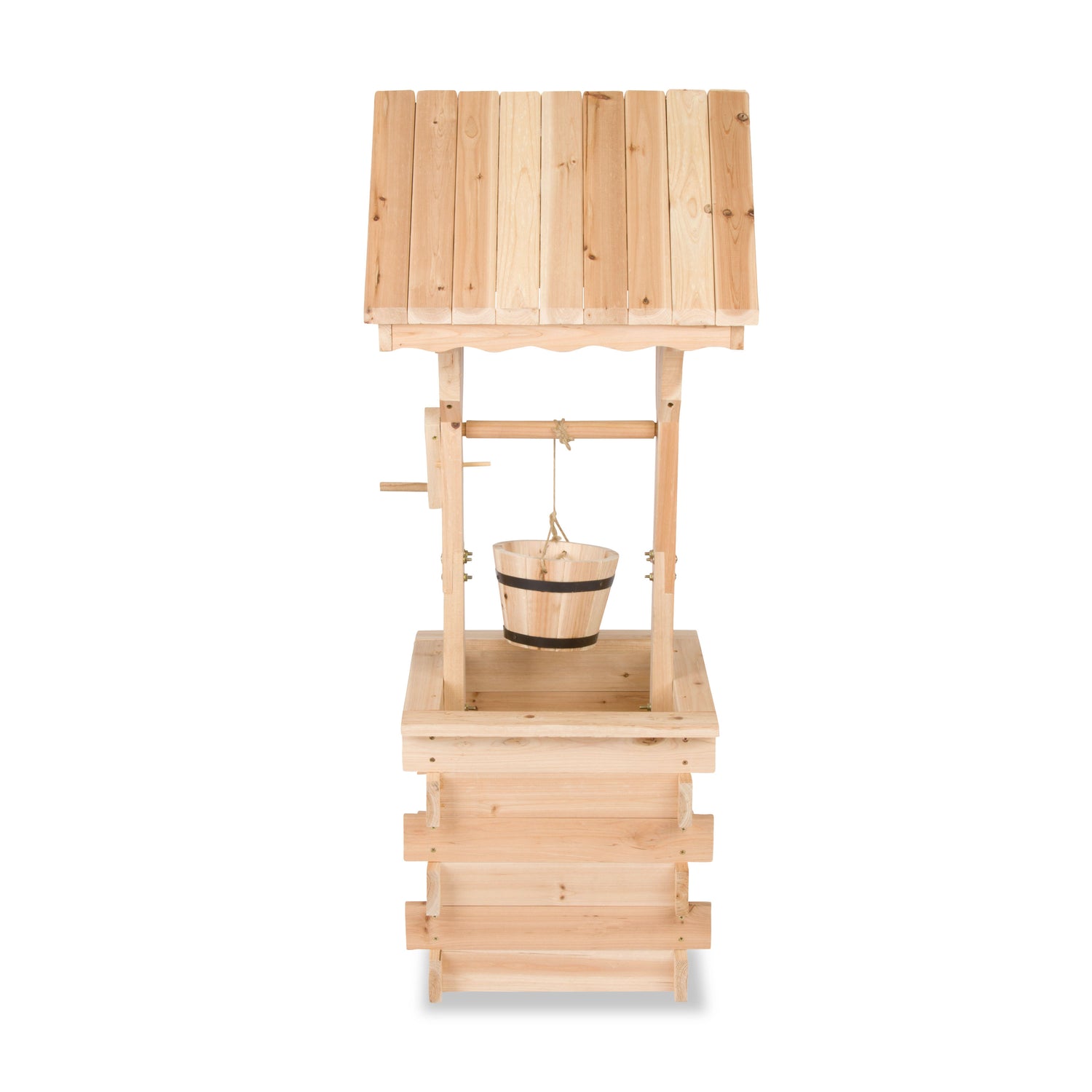 A miniature wooden well toy or decorative miniature featuring a light natural wood finish, complete with a slatted roof, hanging bucket, and tiered base, shown against a plain white background. 