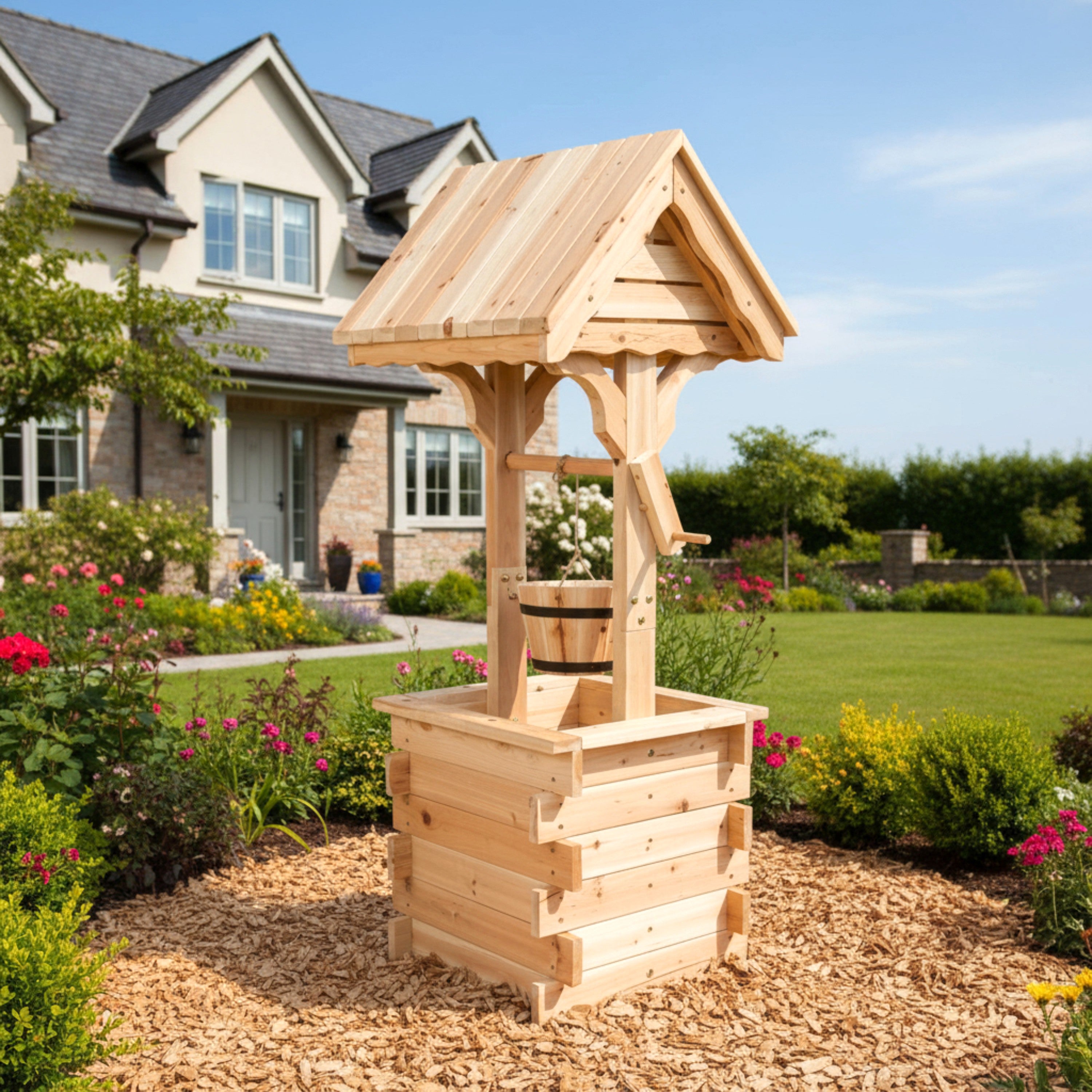 A light natural wood garden well structure with a slatted bucket and arched roof, placed on a wood chip bed in a landscaped backyard with a house and lawn in the background. 