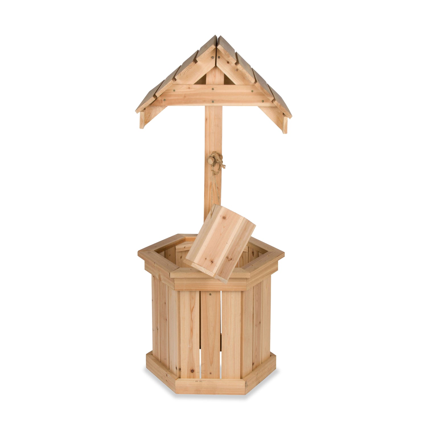 Side view of 55" high decorative wooden wishing well made of cedar wood. 
