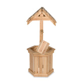Side view of 55" high decorative wooden wishing well made of cedar wood. 