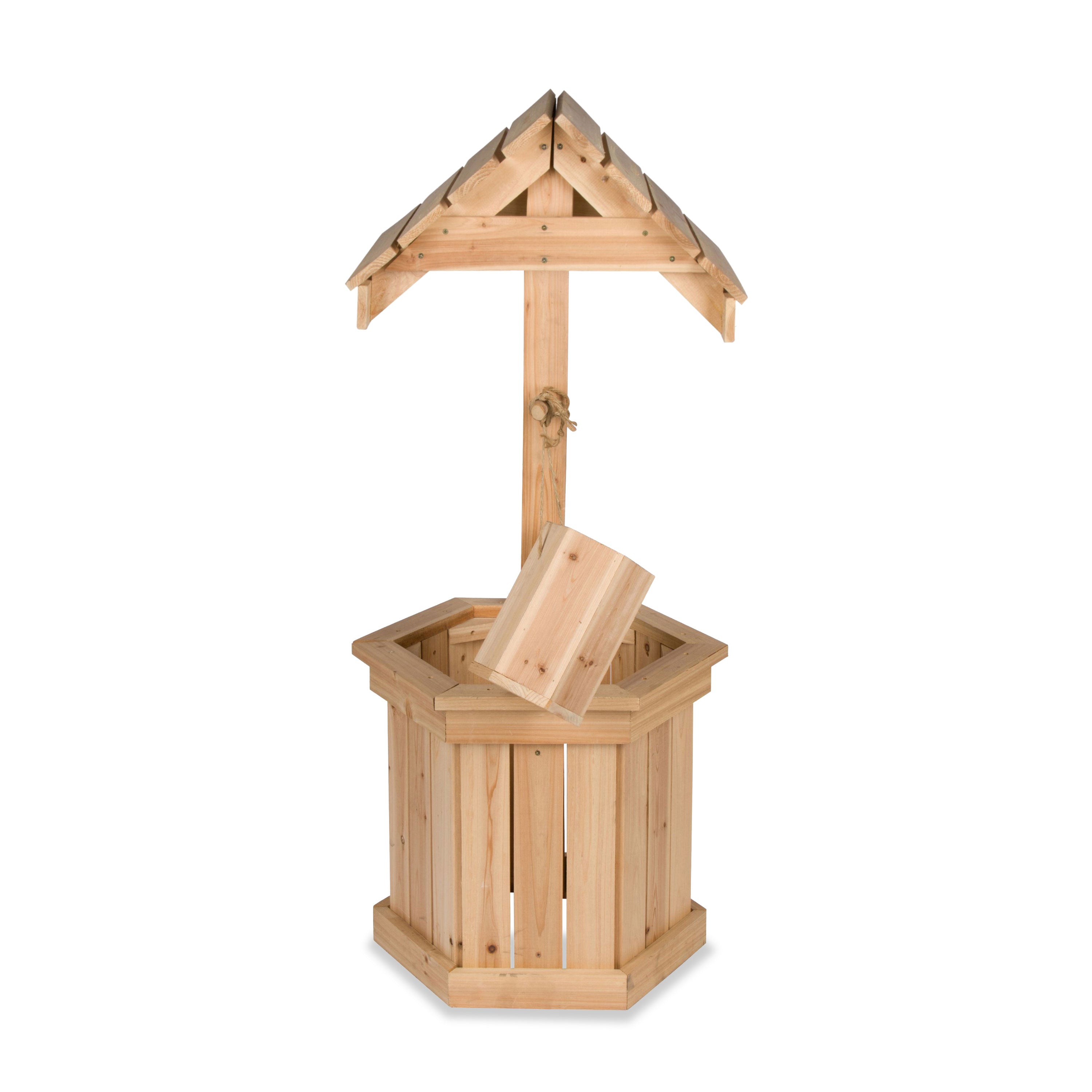 Side view of 55" high decorative wooden wishing well made of cedar wood. 