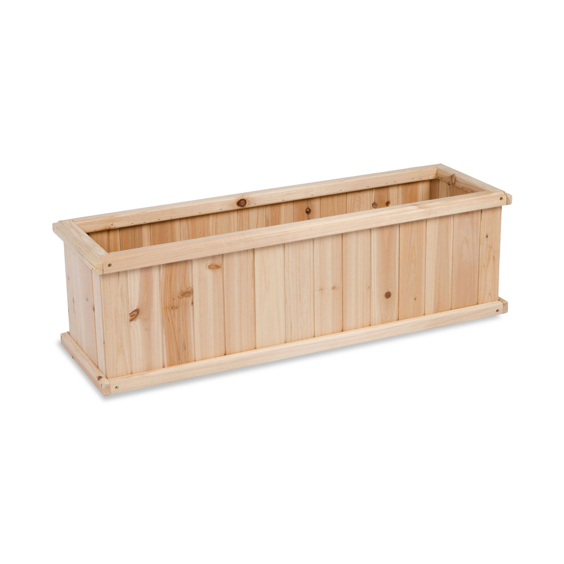 A rectangular wooden planter box made from light natural pine wood planks, shown at an angle on a plain white background.  