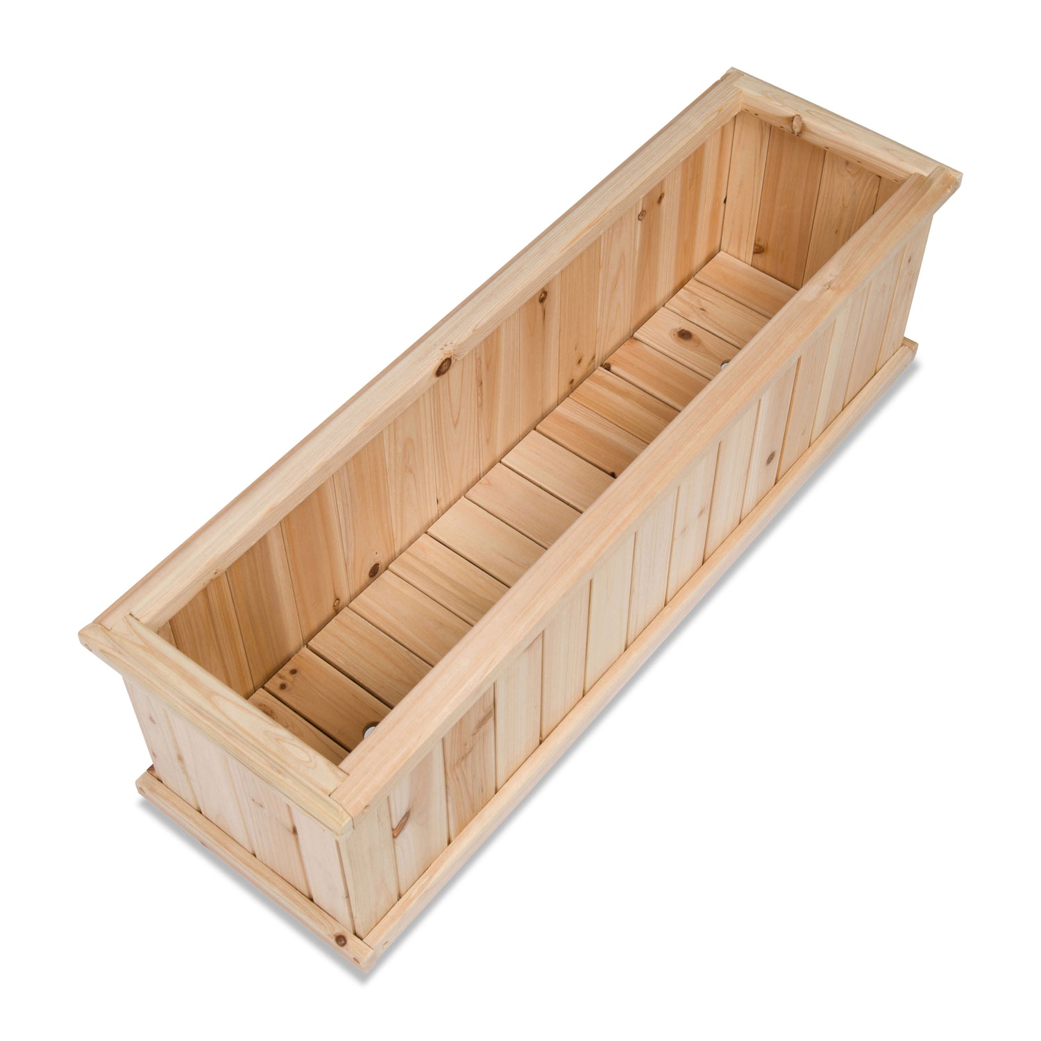 A long rectangular wooden planter box made from light natural wood planks, shown at an angle on a plain white background.  