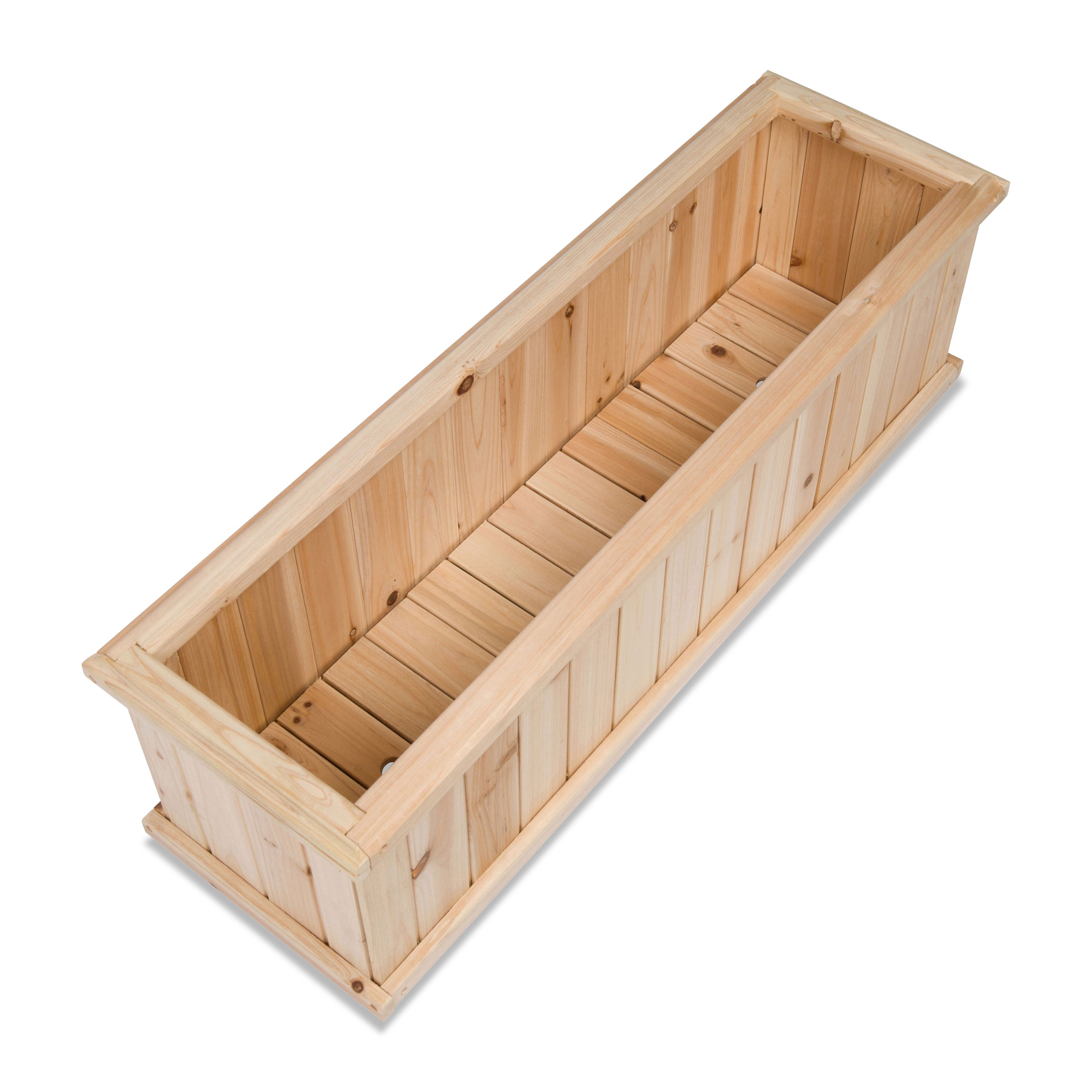 A long rectangular wooden planter box made from light natural wood planks, shown at an angle on a plain white background.  
