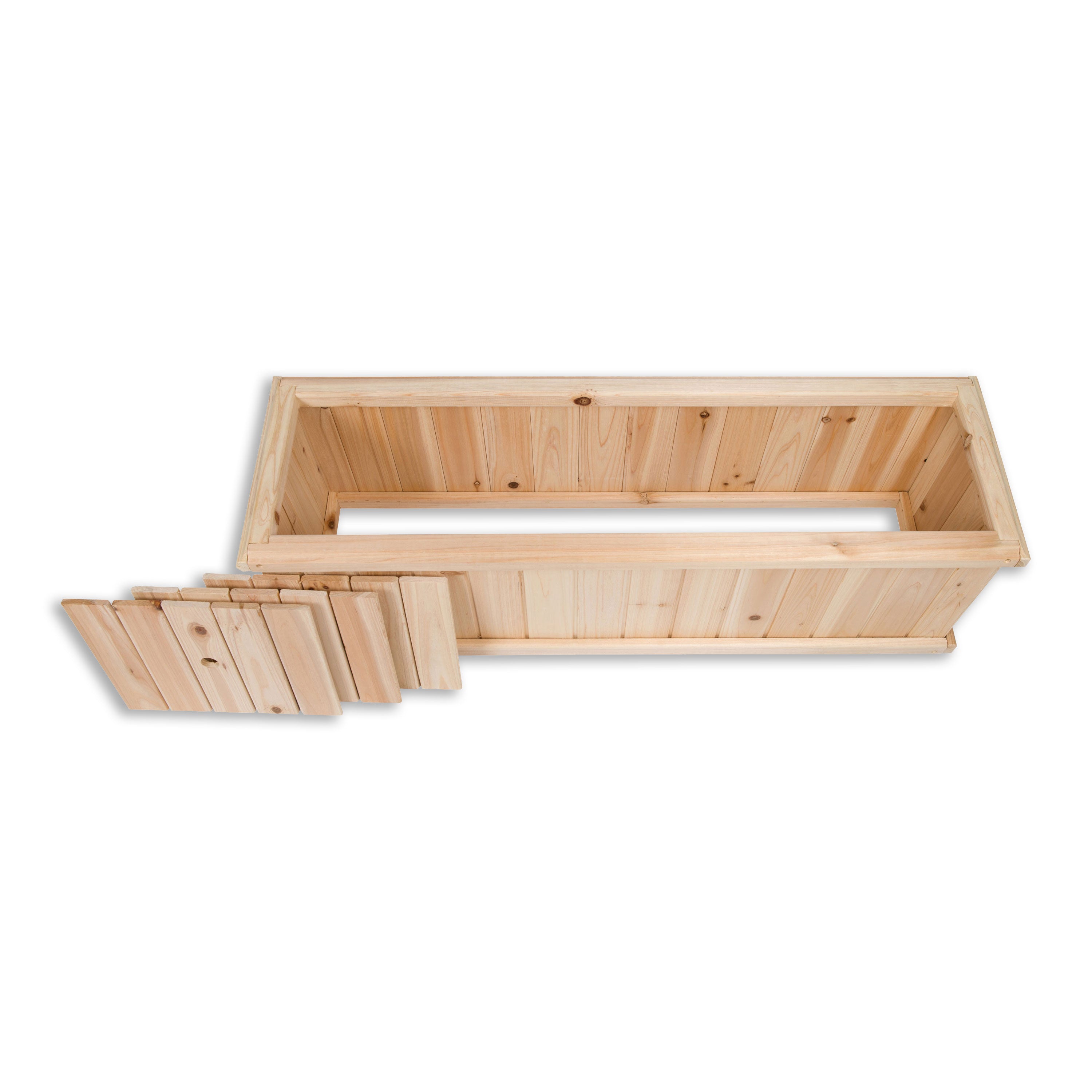 A rectangular wooden planter box made of light natural wood planks, with a hinged front panel shown partially open, on a plain white background.  
