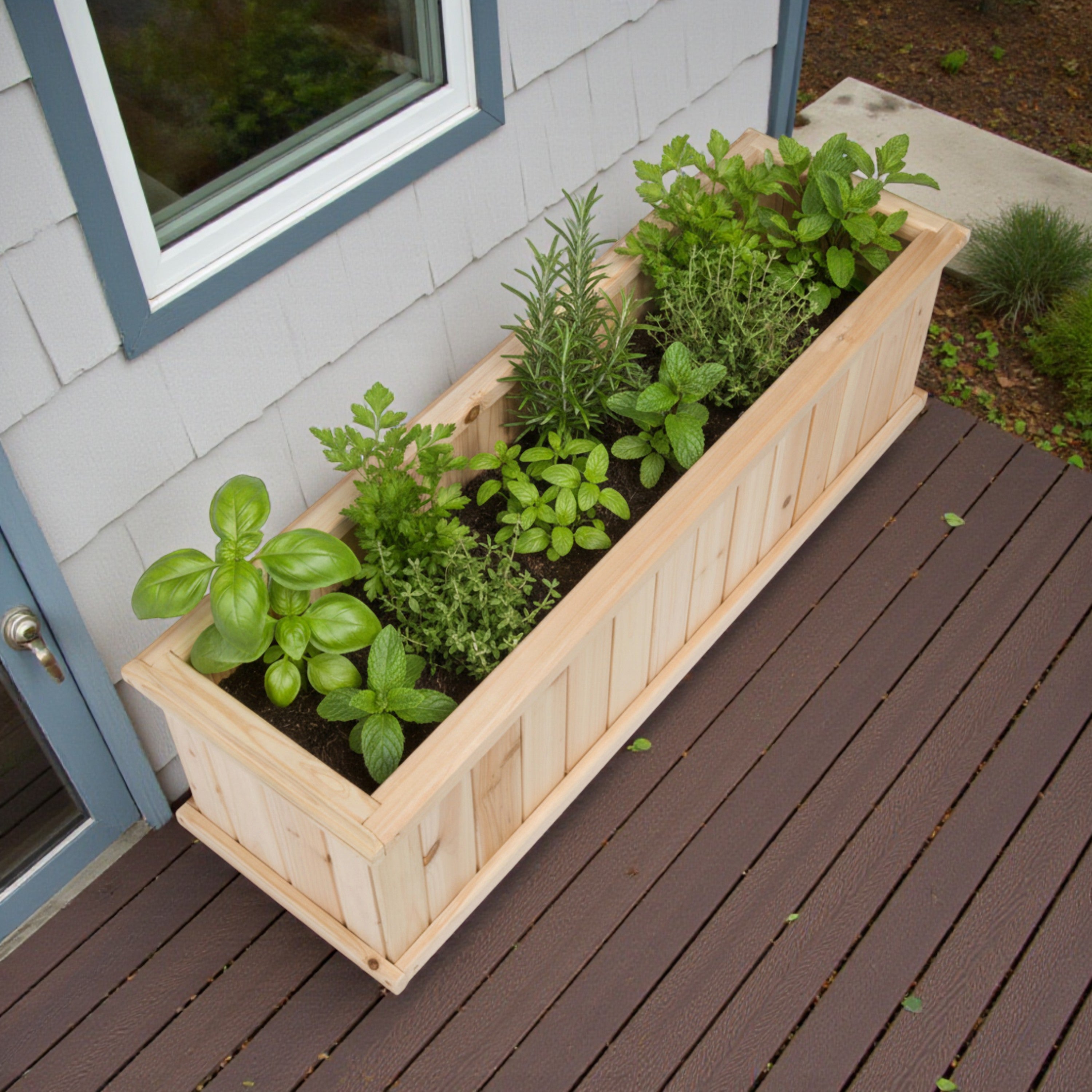 A long rectangular wooden raised garden bed filled with assorted green herbs, placed on a brown deck next to a house wall with a window.  