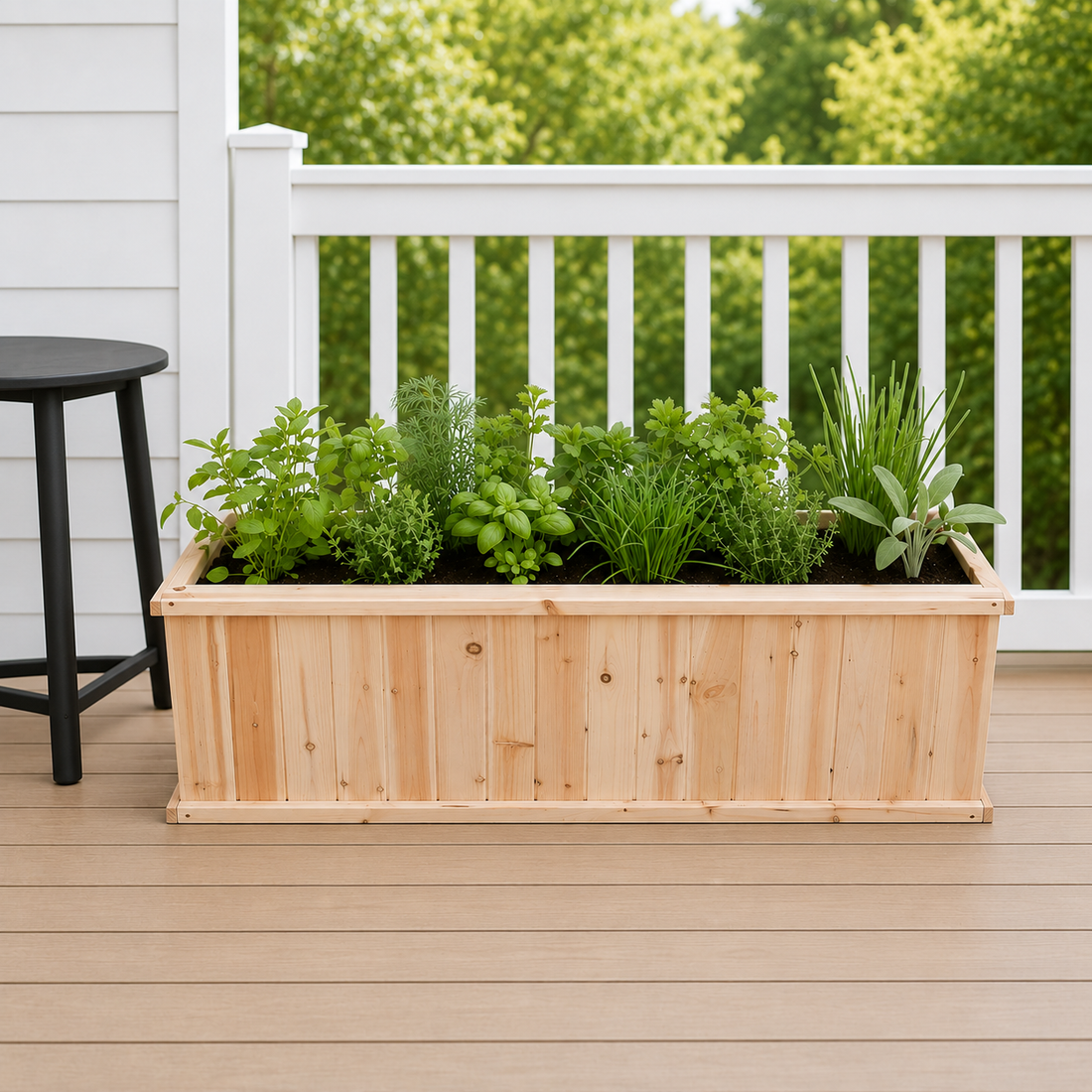 A rectangular wooden raised garden bed filled with green herbs and plants, placed on a light wood deck in front of a white railing with trees in the background. 