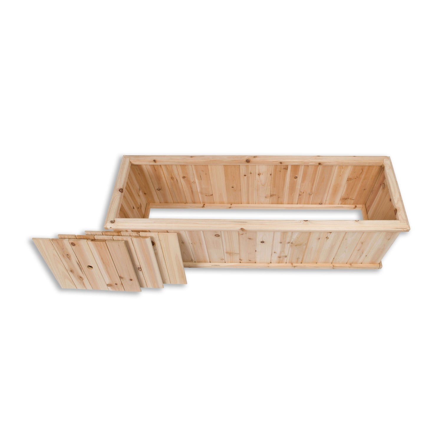 48" long cedarwood garden planter box showcasing 3 bottom slats are removable.  